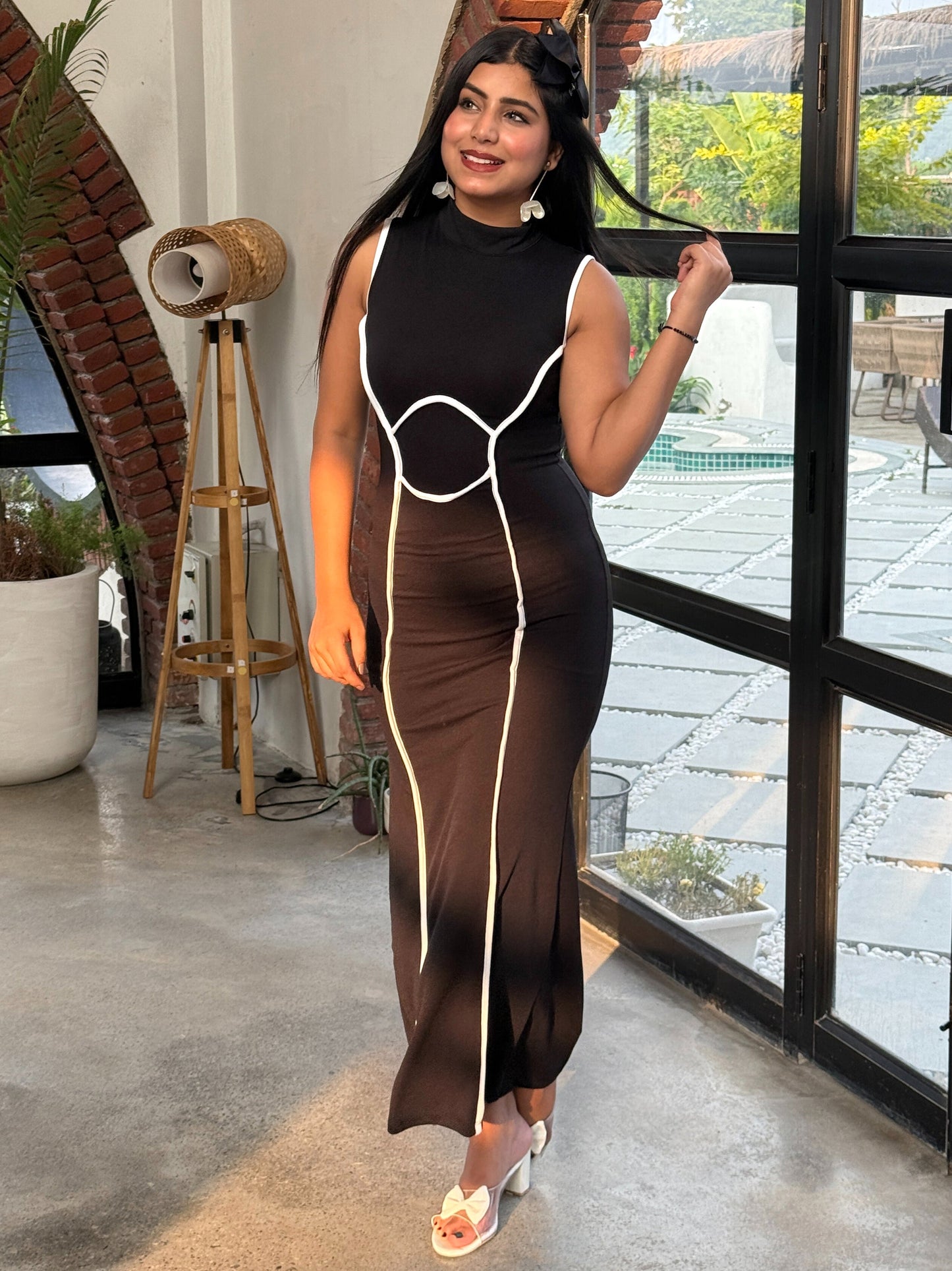 TANDUL Women Stunning Black Dress with White Detailing