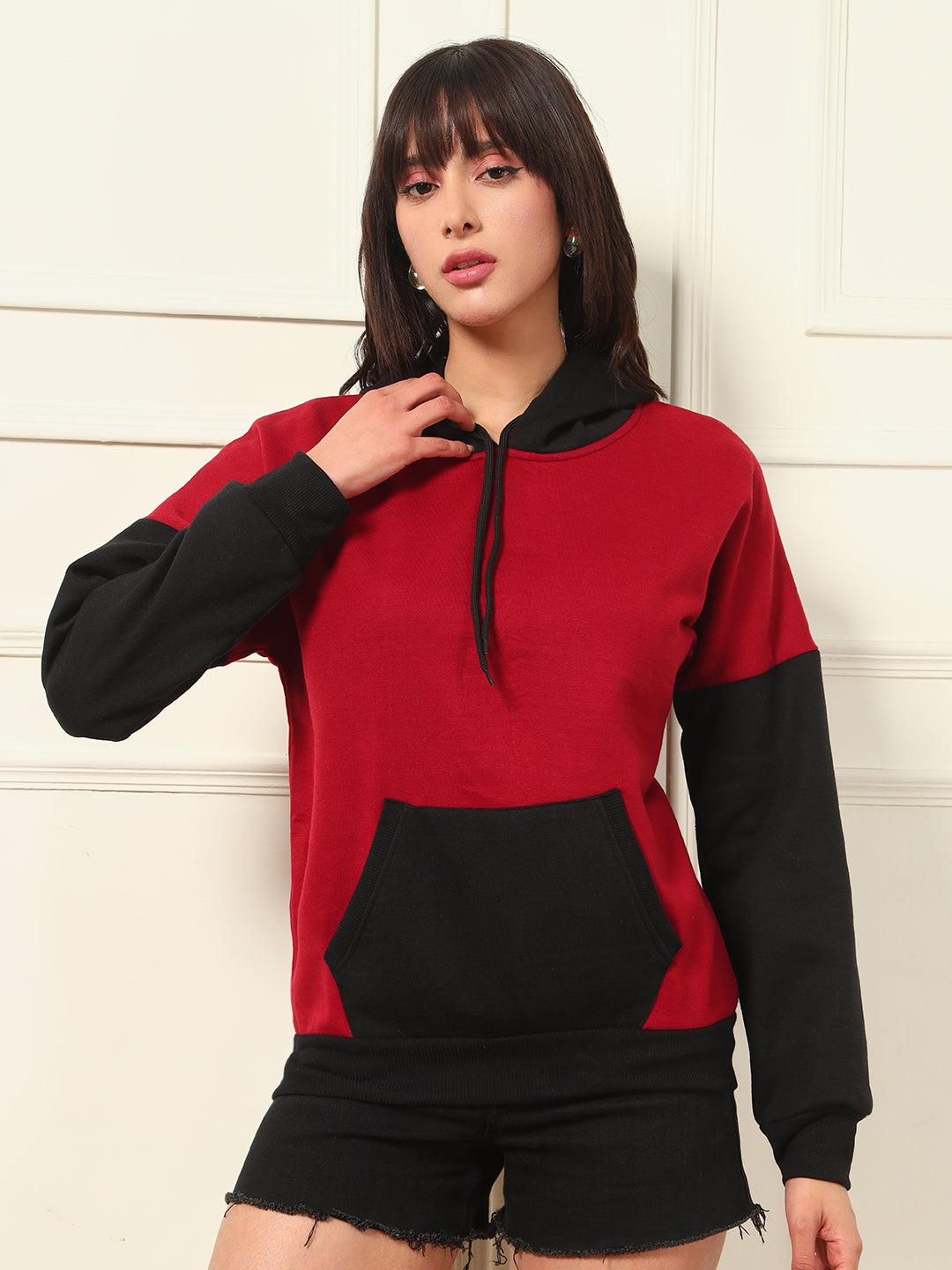TANDUL Women Stylish Maroon and Black Hoodie