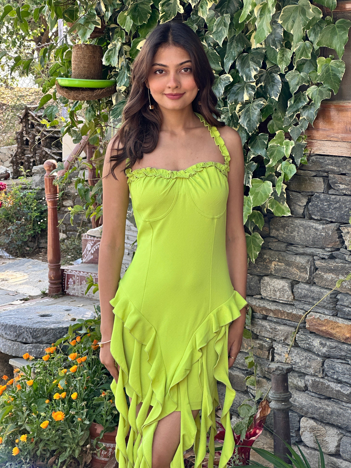TANDUL Vibrant Neon Green Frills Dress