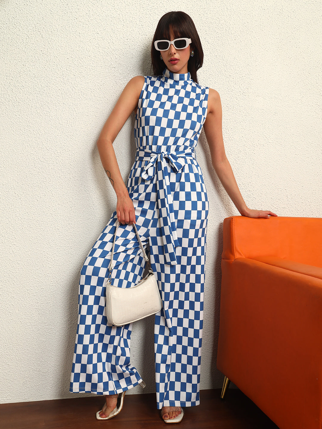 TANDUL Women Stylish Blue and White Checkered Jumpsuit