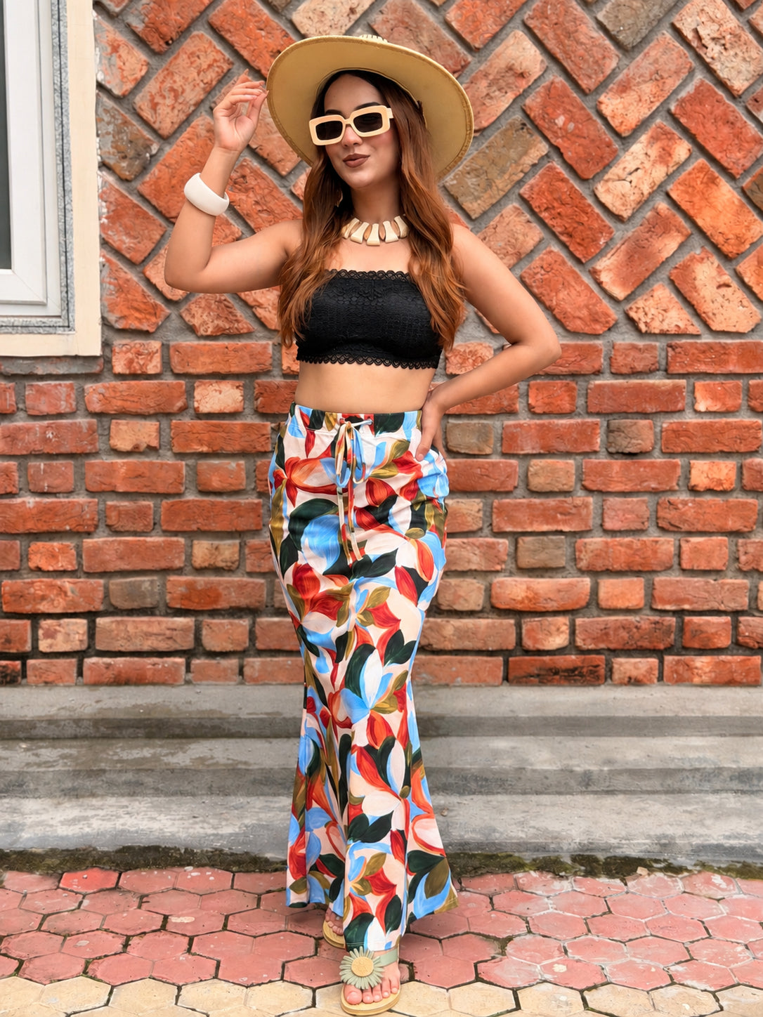 TANDUL Women Multi-Color Tropical Leaf Printed Maxi Skirt