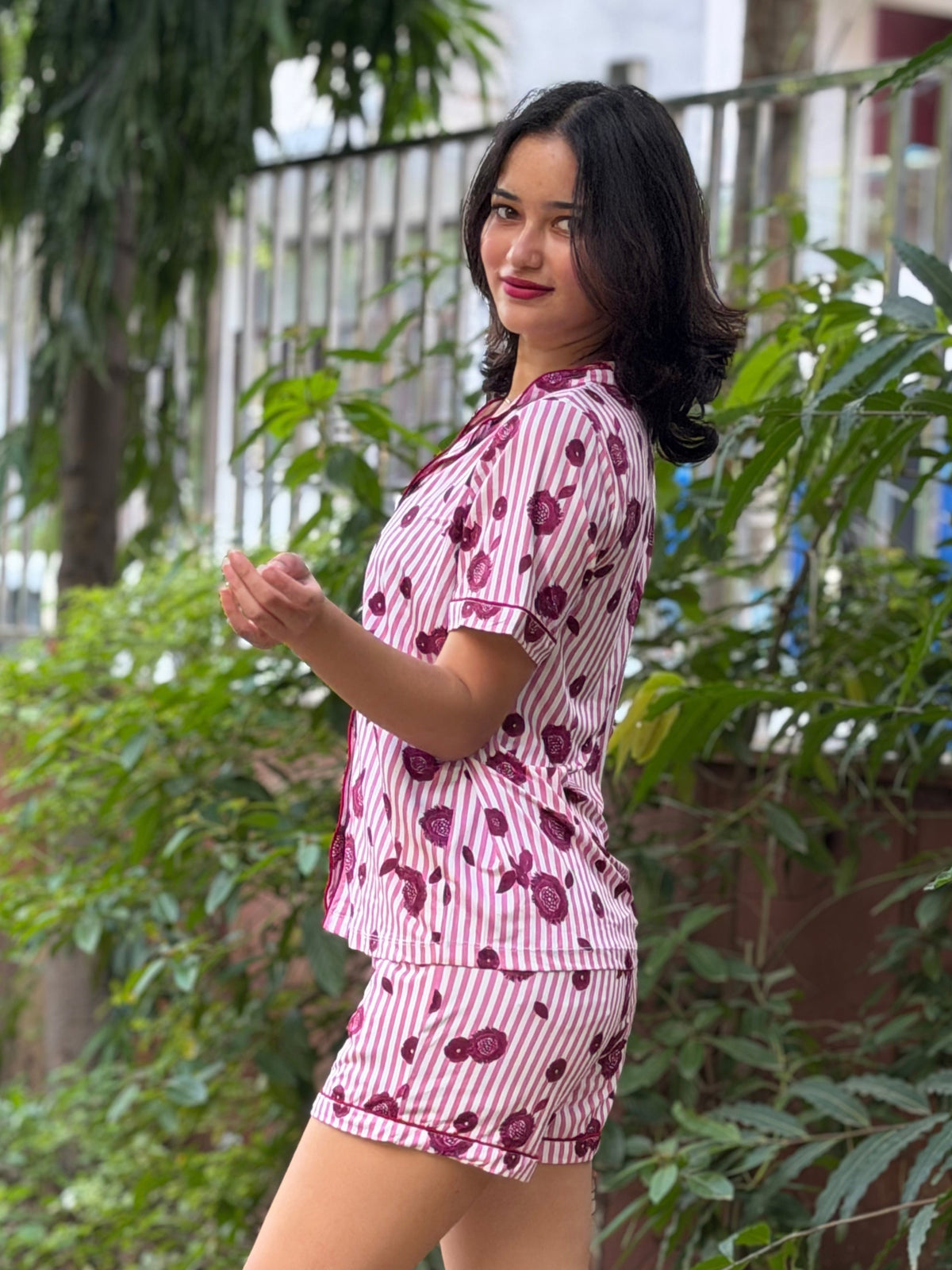 TANDUL Women Pink Striped Button-Down Summer Nightsuit