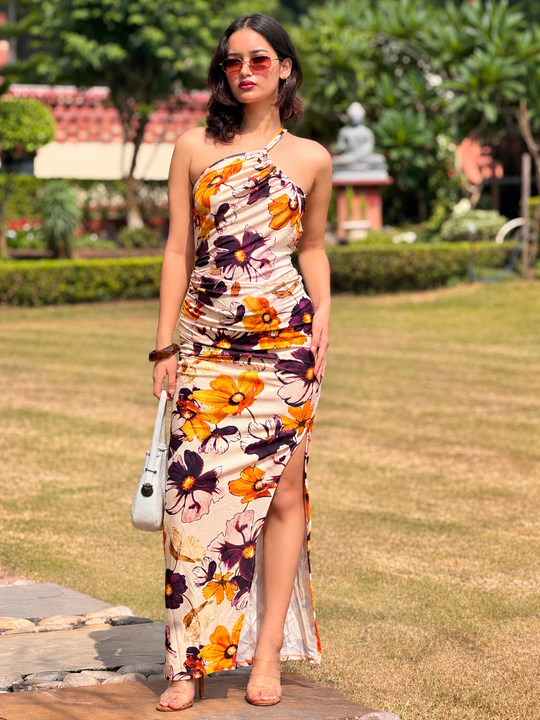 TANDUL Women Retro Floral Asymmetric One-Shoulder Maxi Dress