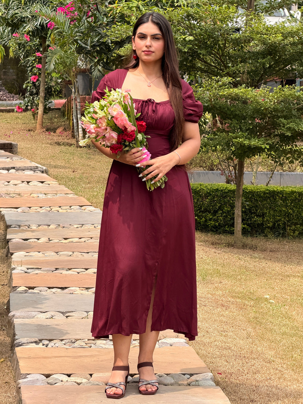 TANDUL Women Classic Wine Lace-Up Corset Midi Dress