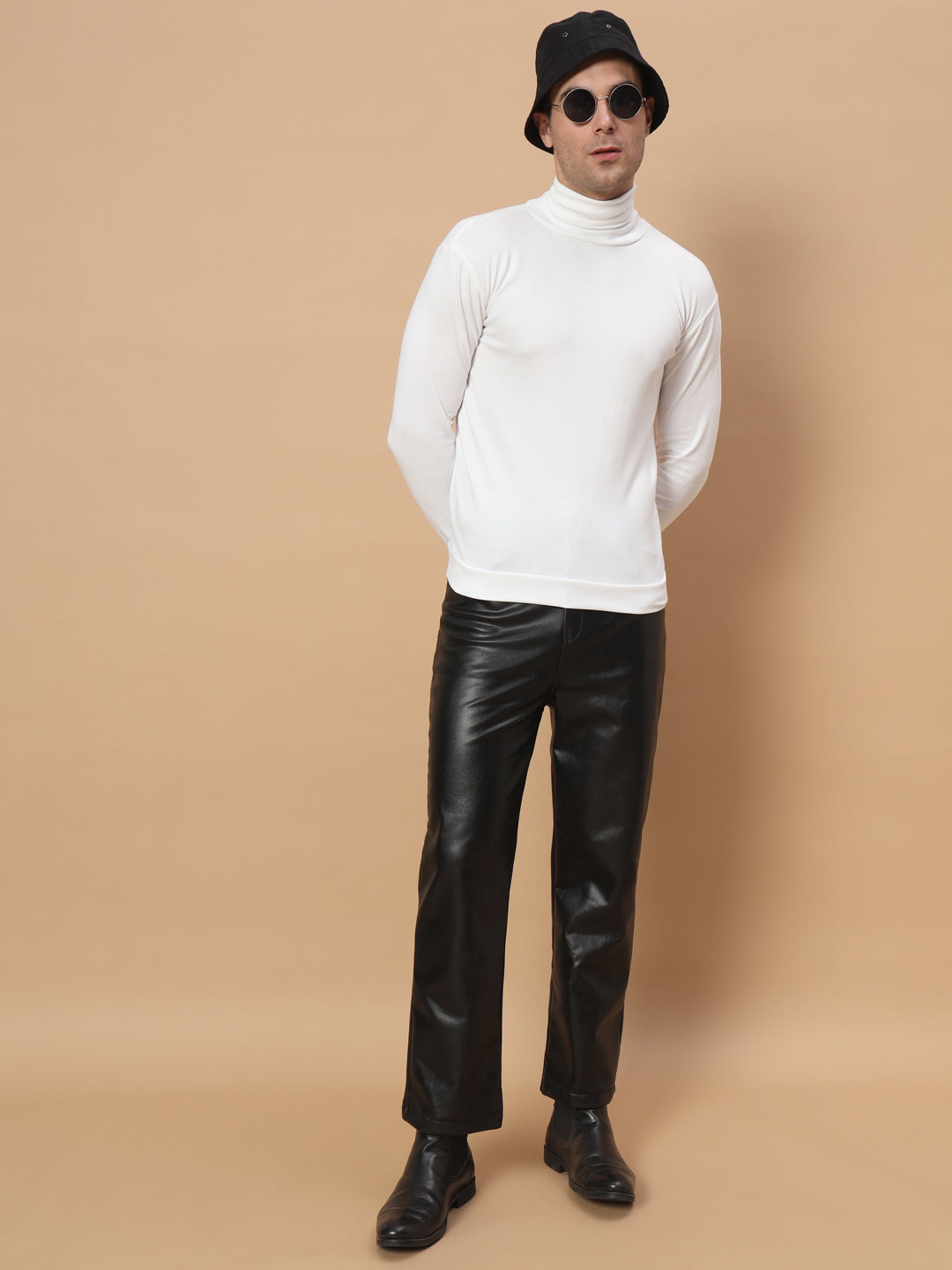 TANDUL  Men Regular Fit Black Faux Leather Trousers