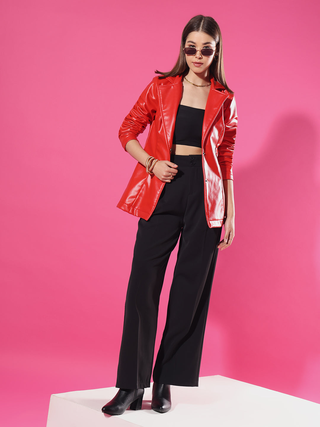 TANDUL Women Striking Red Leather Blazer