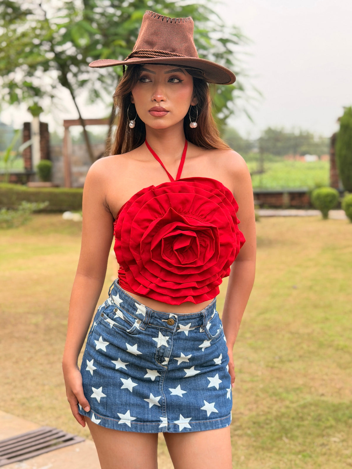TANDUL Women Red Rose Petal Layered Evening Halter Top