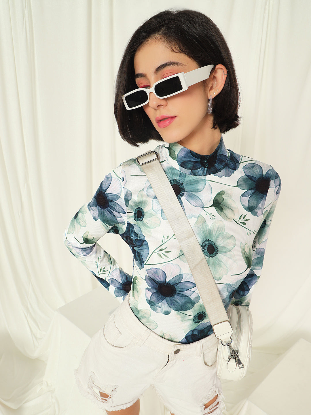 TANDUL  Women Floral Print High Neck White Sweater