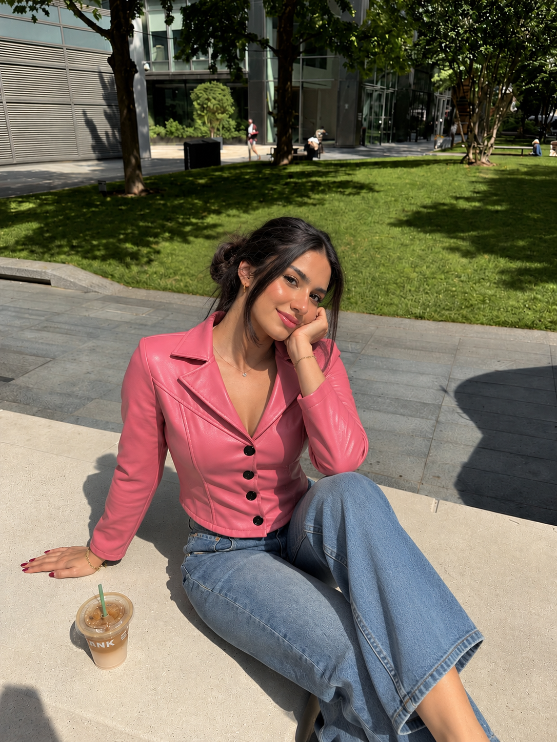 TANDUL Women Pink Faux Leather Corset-Hem Jacket