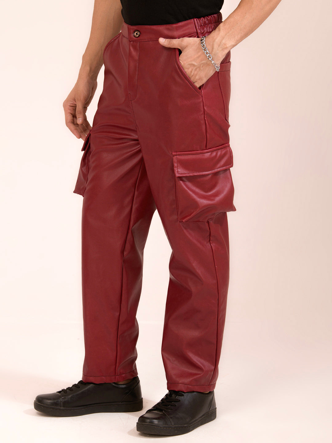 TANDUL  Men Regular Fit Maroon Faux Leather Trousers