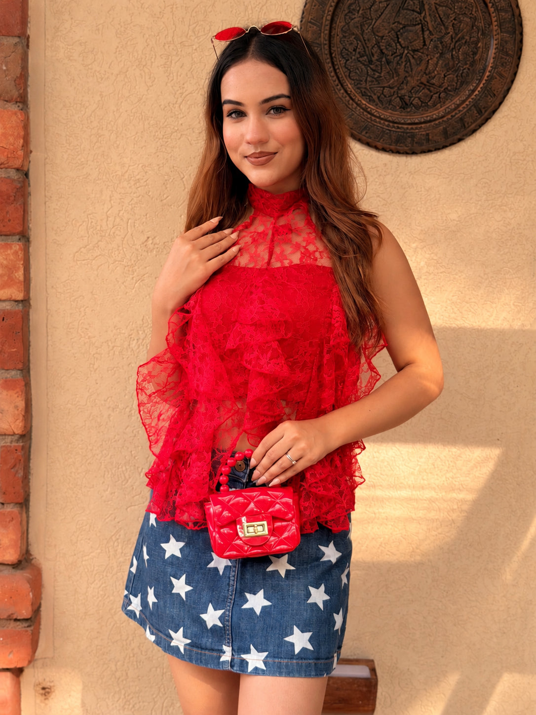 TANDUL Women Red Sheer Floral Lace Tiered Ruffle Halter Top