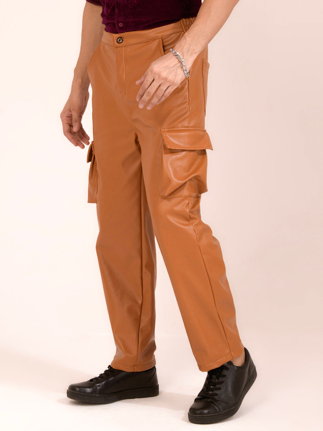 TANDUL  Men Regular Fit Yellow Faux Leather Trousers