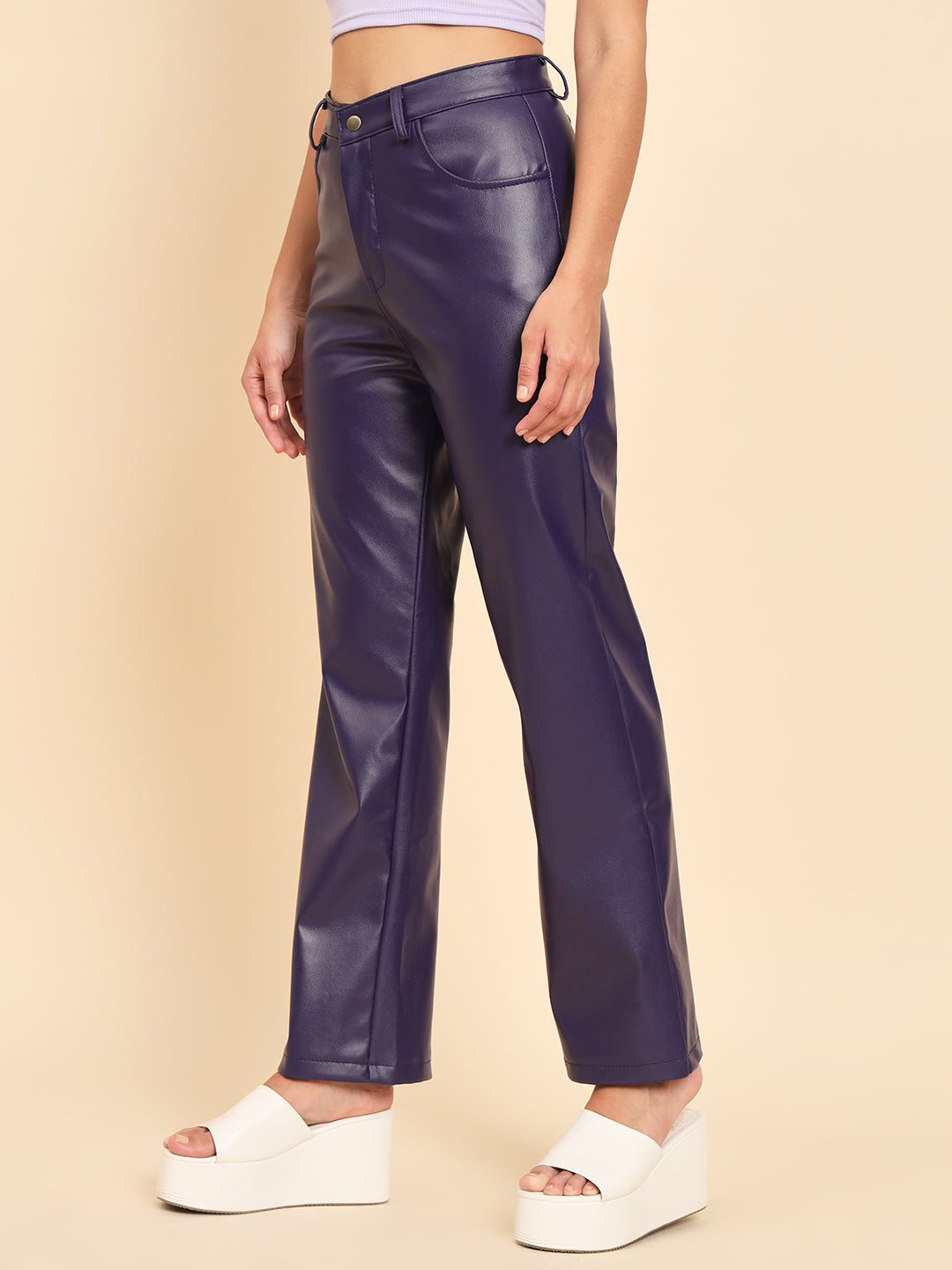 TANDUL Women Regular Fit Blue Faux Leather Trousers