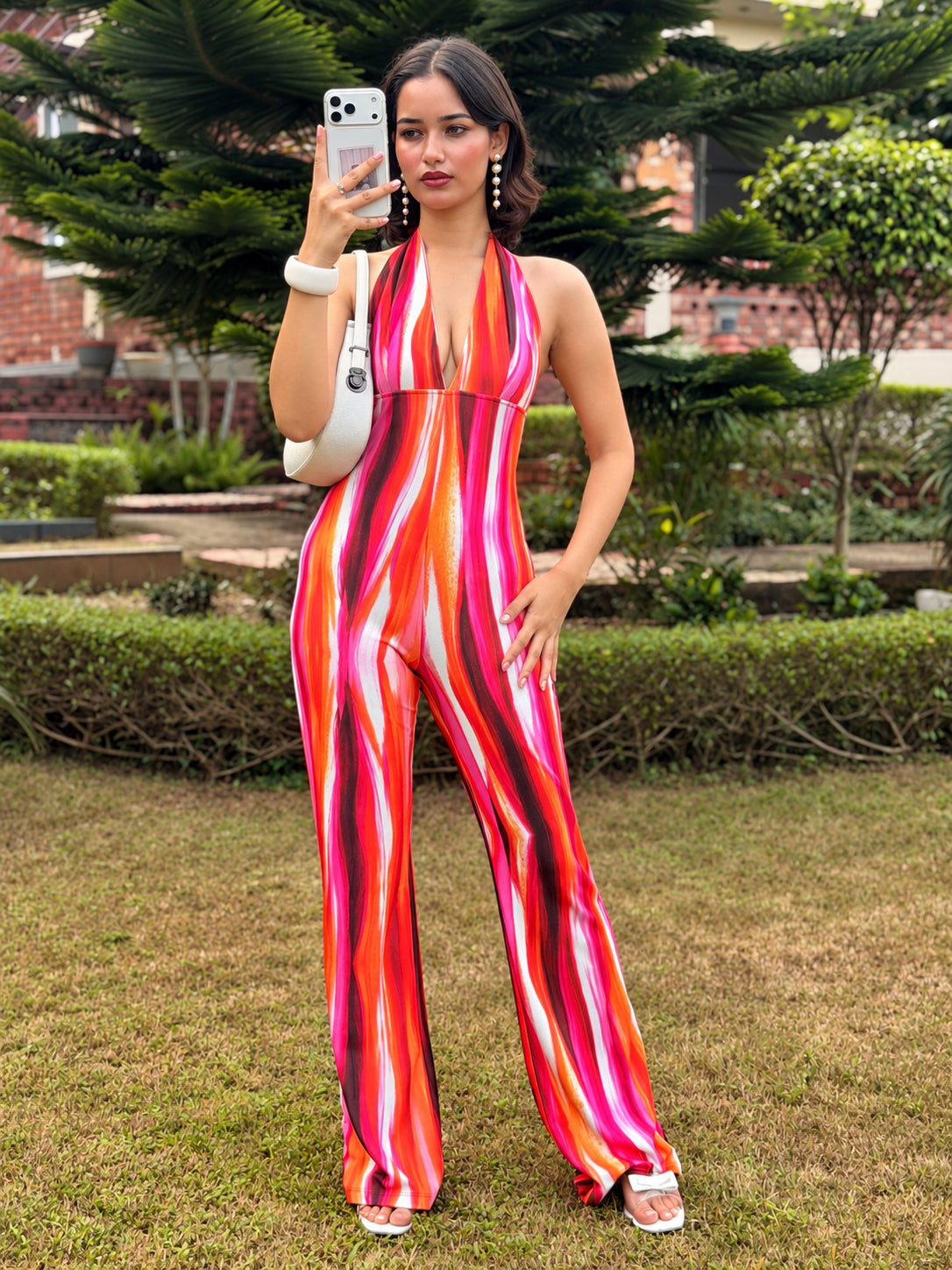 TANDUL Women Retro Abstract Streak Halter Neck Flared Jumpsuit