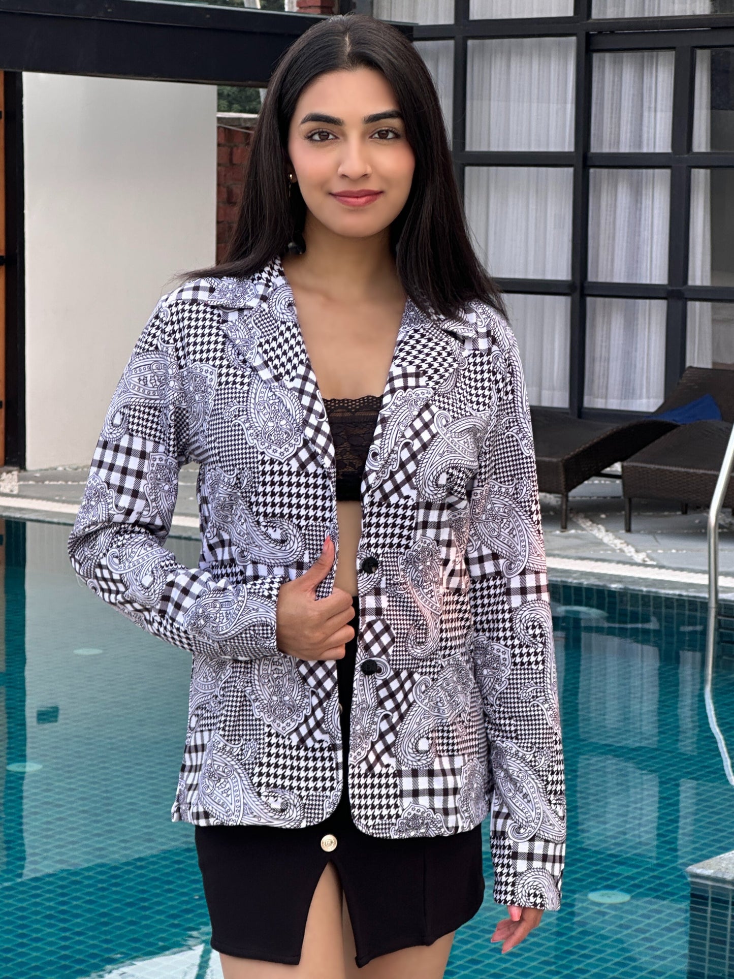 TANDUL Women Black and White Paisley Patterned Blazer