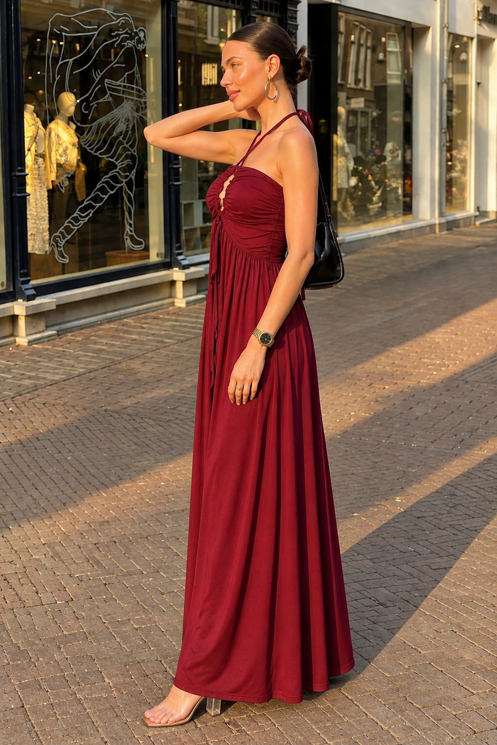 TANDUL Women Maroon Ruched Bust Keyhole Maxi Dress