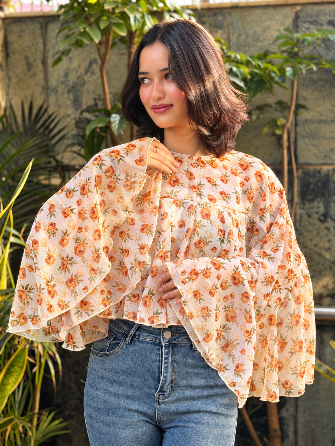 TANDUL Women Ochre Floral Tiered Crop Shrug