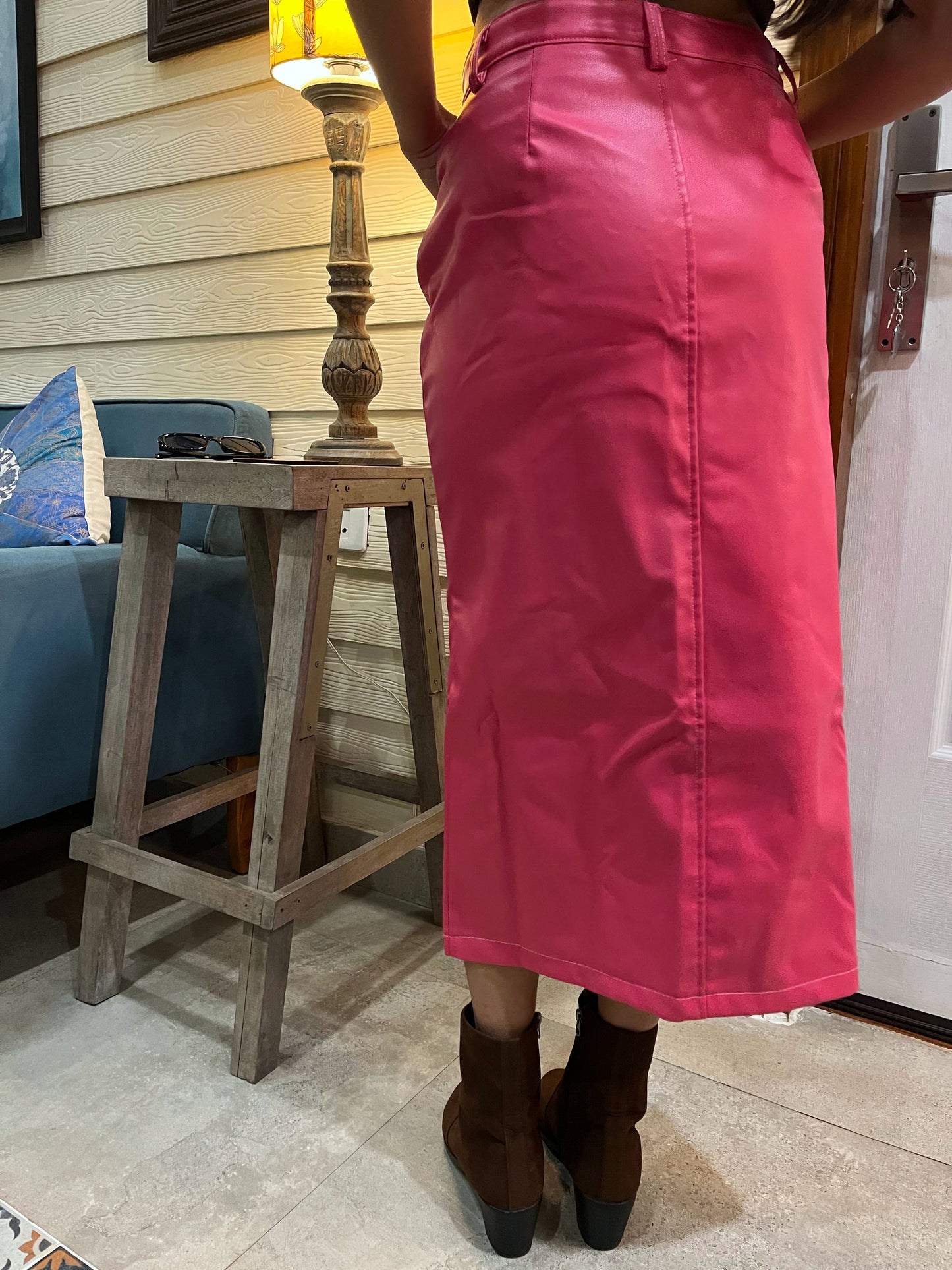 TANDUL Women Stunning Pink Leather Skirt