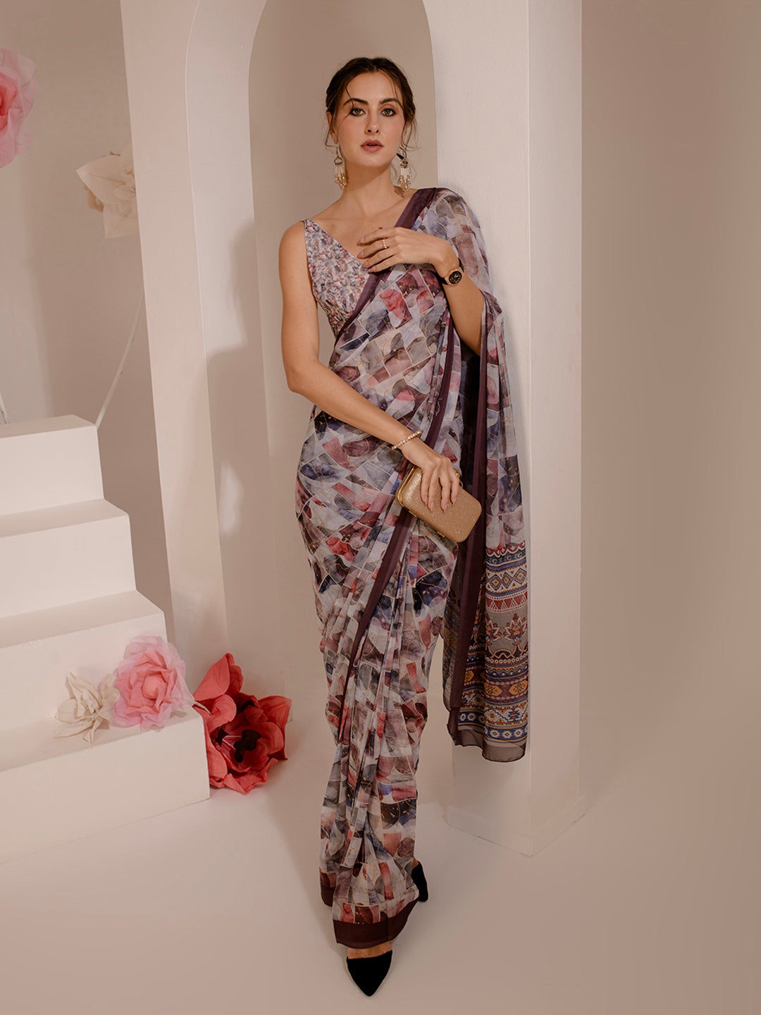 ELTIRE Exquisite Printed Bollywood Style Georgette Saree