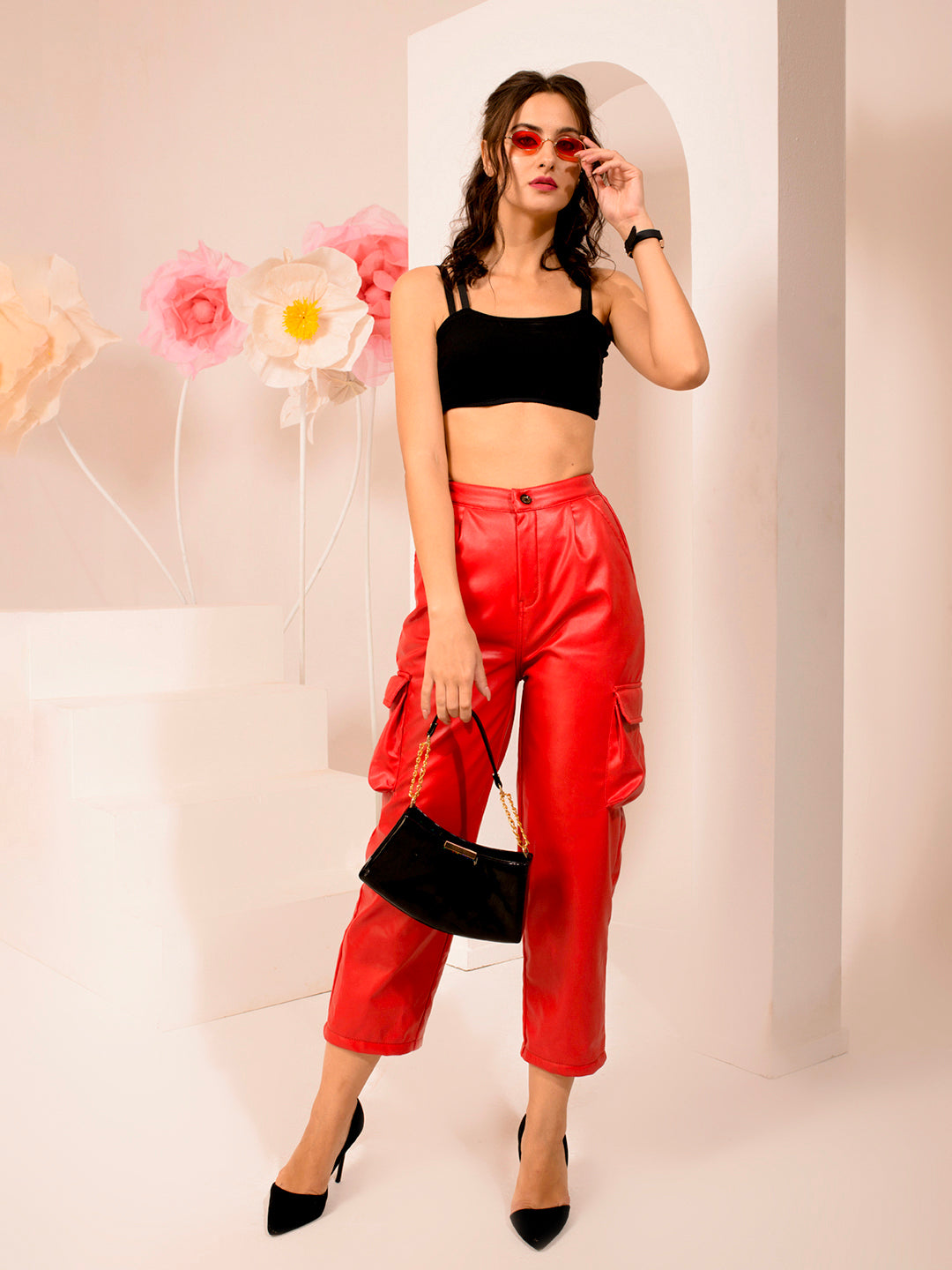 TANDUL  Women Regular Fit Red Faux Leather Trousers