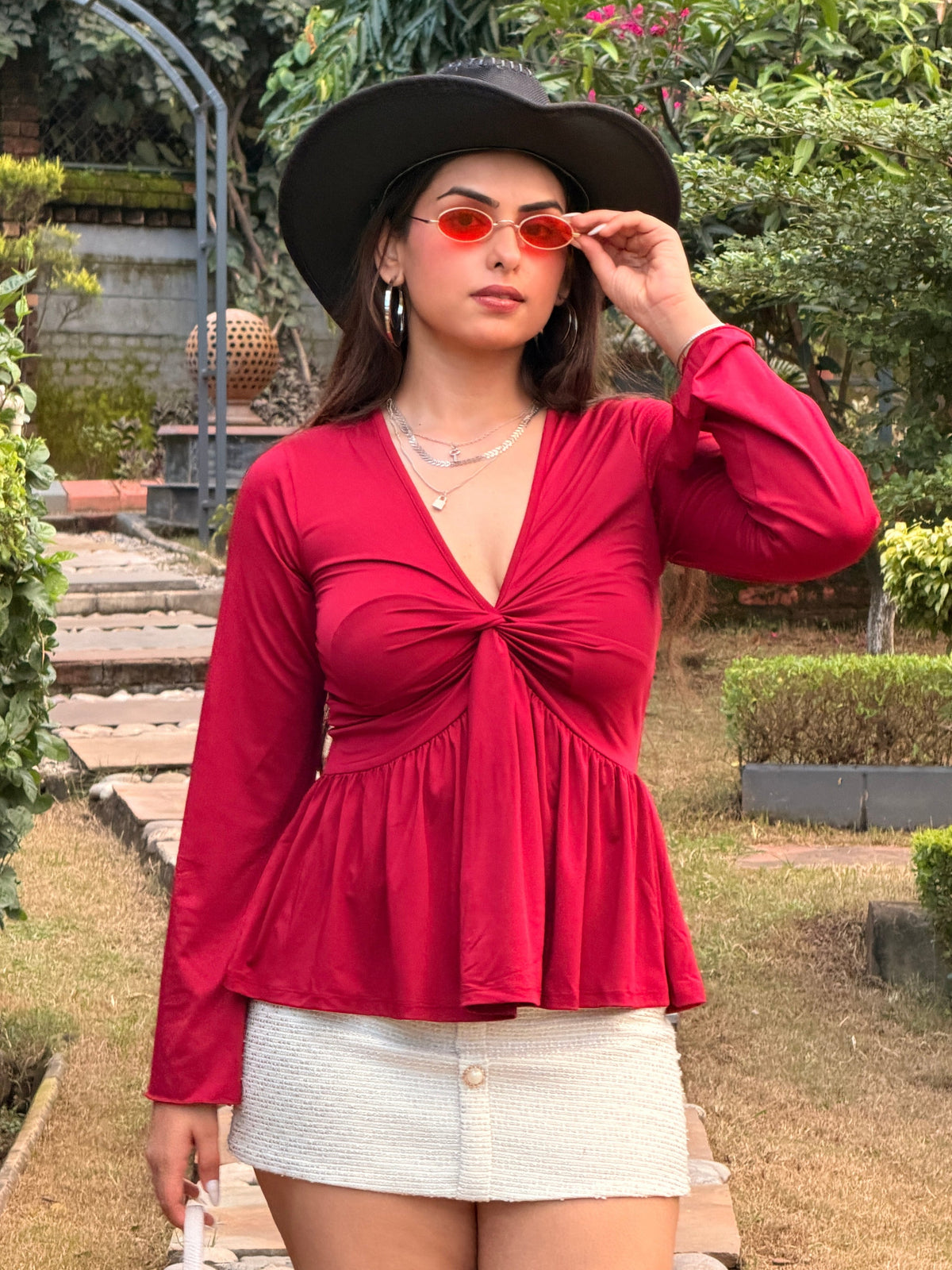 TANDUL Women Burgundy Twist-Front Peplum Top