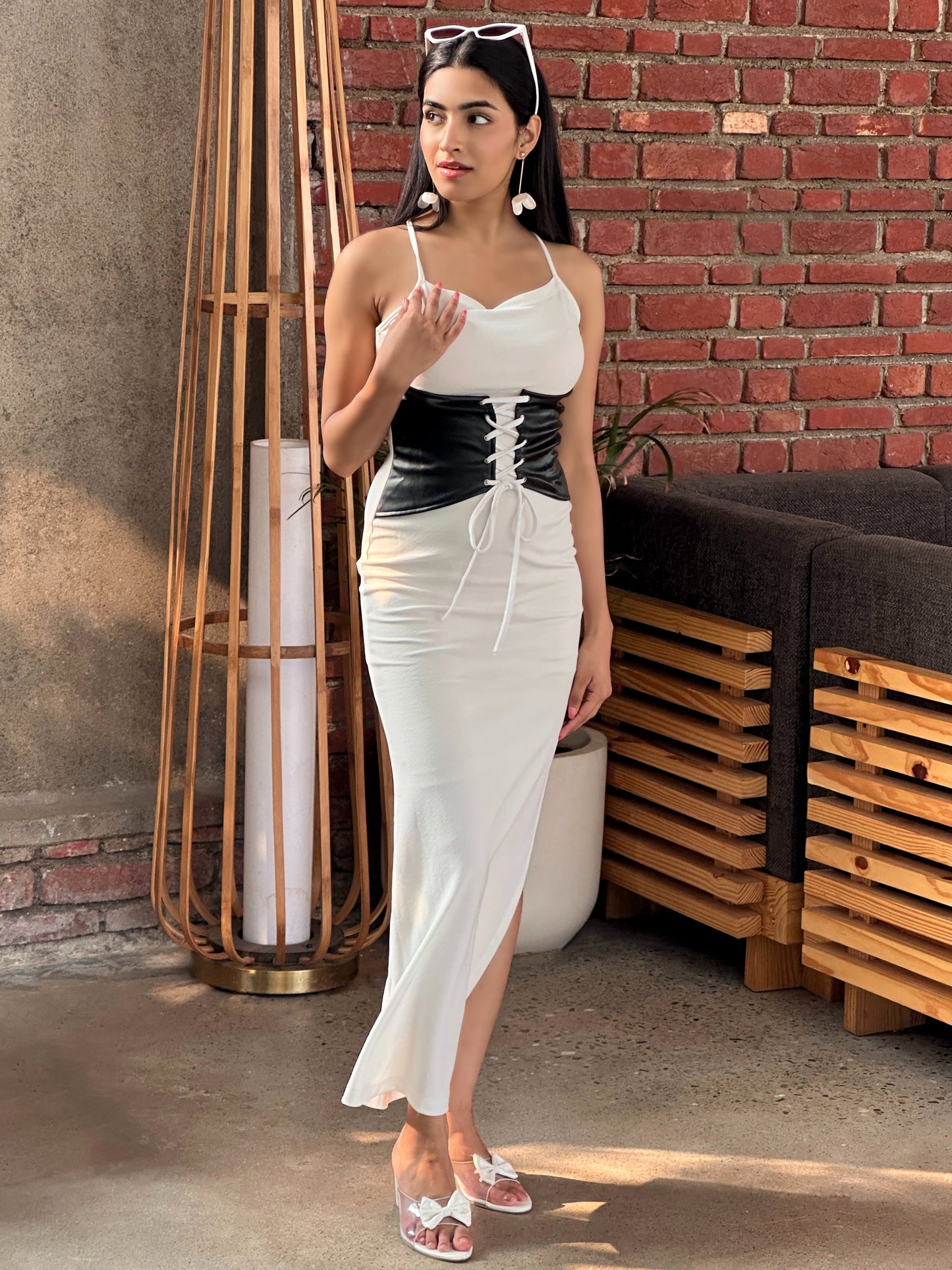 TANDUL Women White Dress with Attached Belt