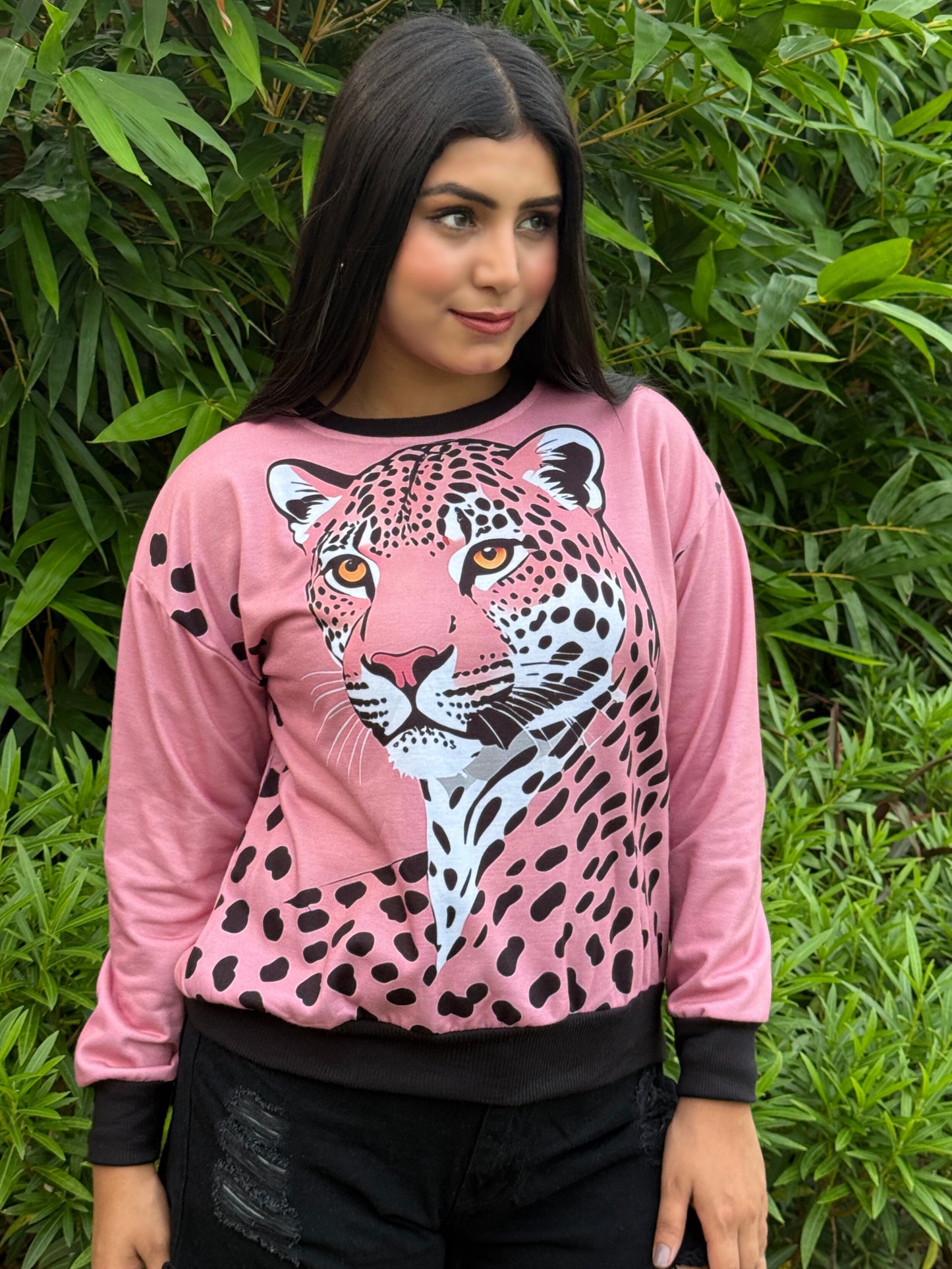 TANDUL Women Pink Bold Leopard Print Sweatshirt