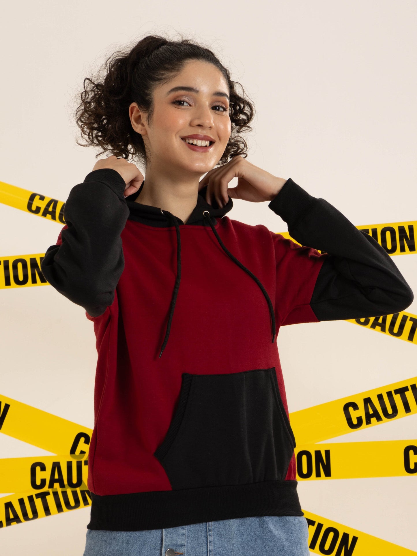 TANDUL Women Stylish Maroon and Black Hoodie