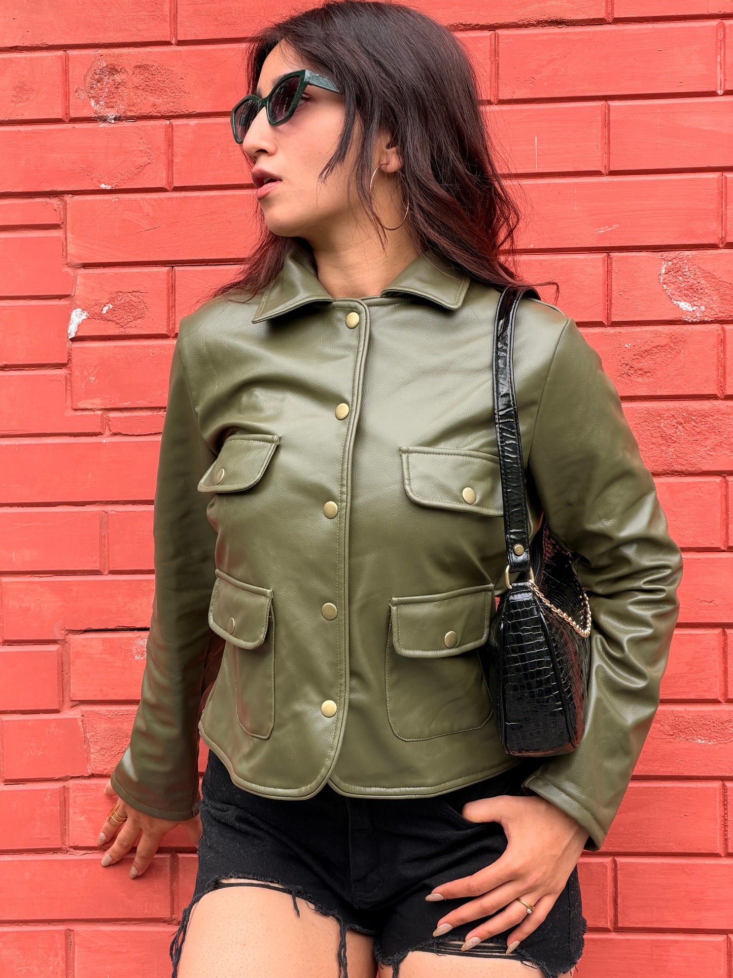 TANDUL Women Olive Green Faux Leather Jacket