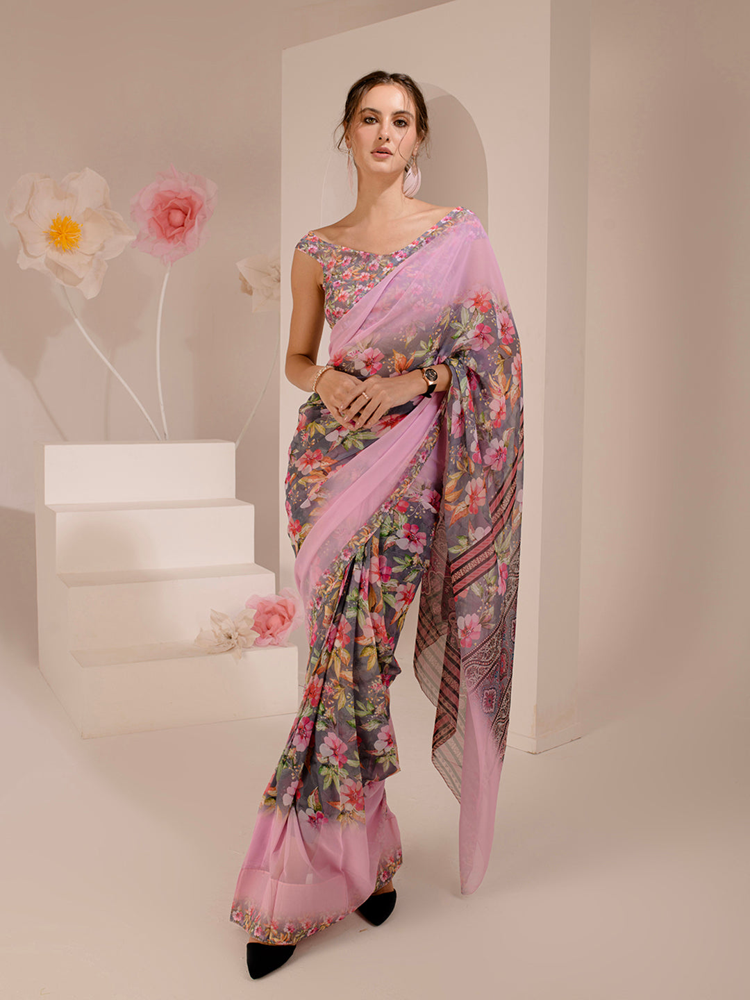 ELTIRE Exquisite Printed Bollywood Style Georgette Saree