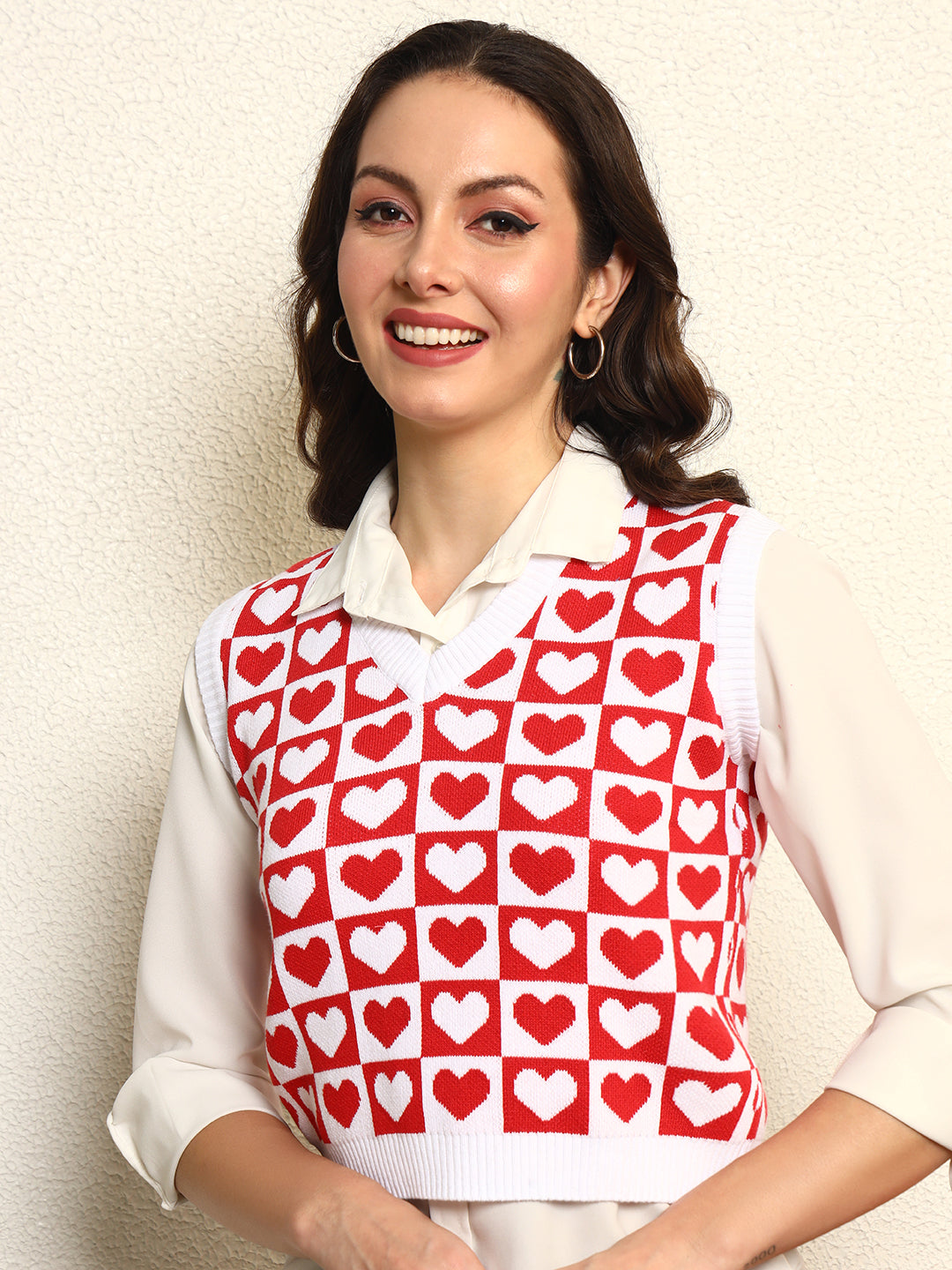 TANDUL Women Charming Red and White Heart Patterned Sweater