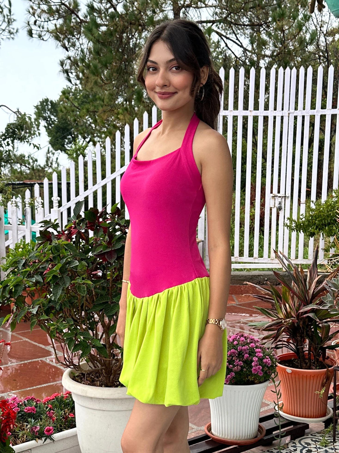 TANDUL Women Vibrant Pink and Green Balloon Dress