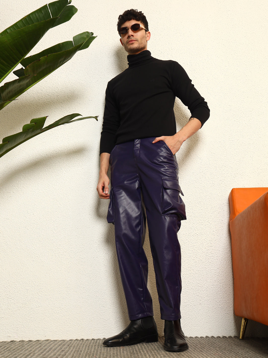TANDUL Mens's Sleek Blue Leather Trouser