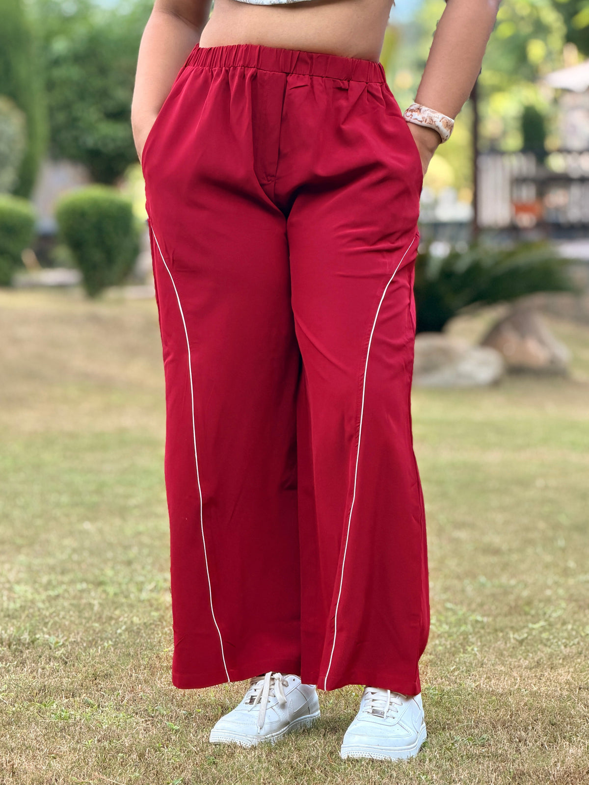 TANDUL Women Maroon Wide-Leg Track Pants with Contrast Piping