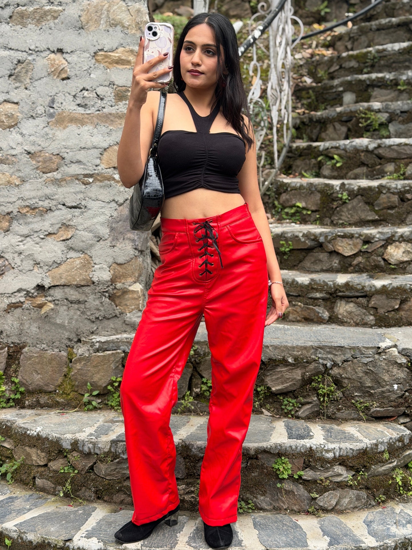TANDUL Women Chic Red Leather Trouser