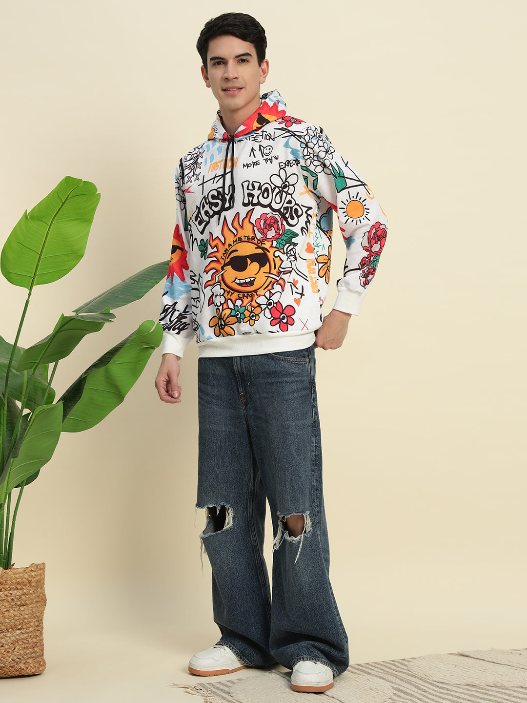 TANDUL Stylish Printed White Men's Hoodie