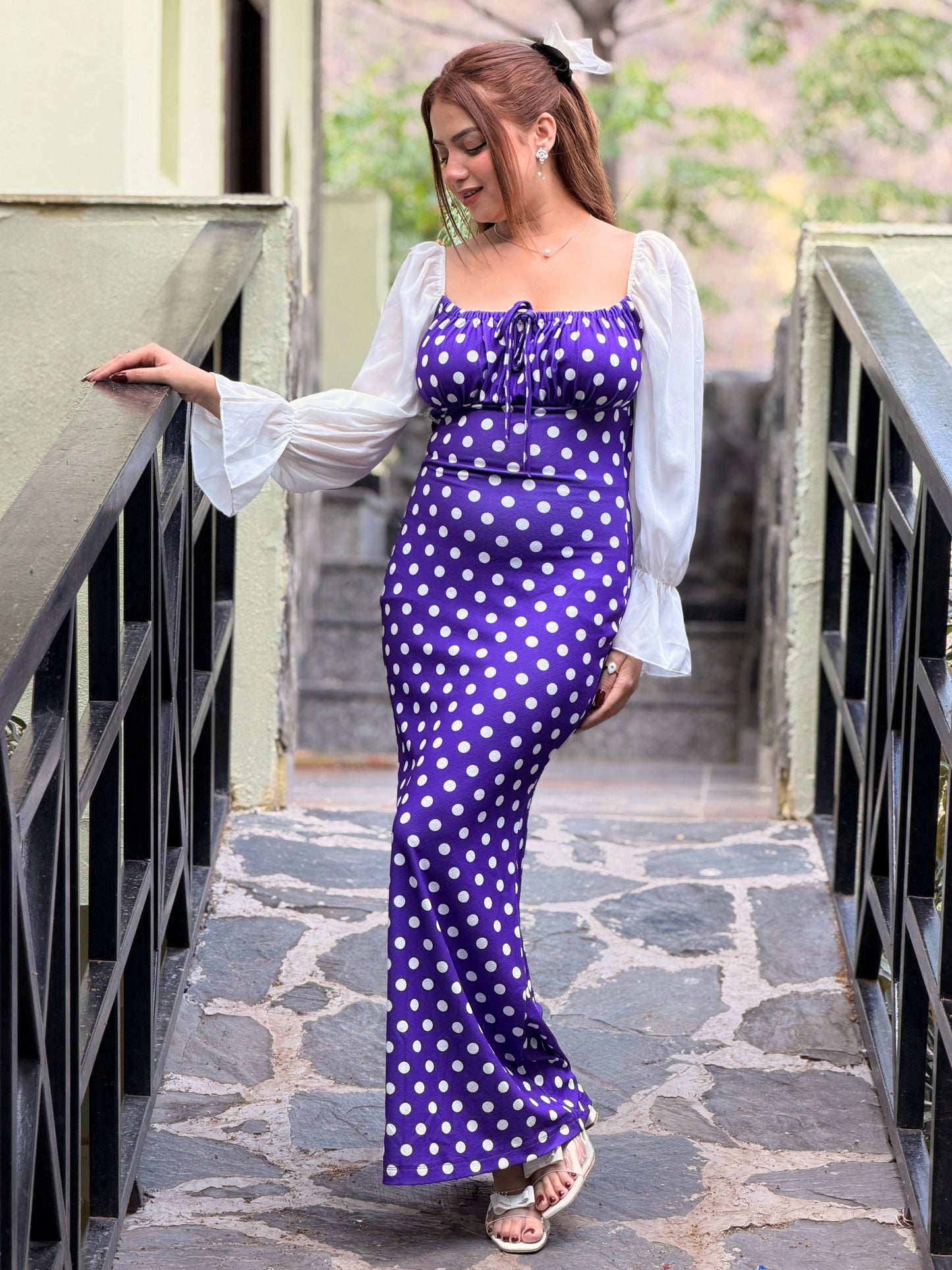 TANDUL Women Purple Polka dot Dress with Puff Sleeves