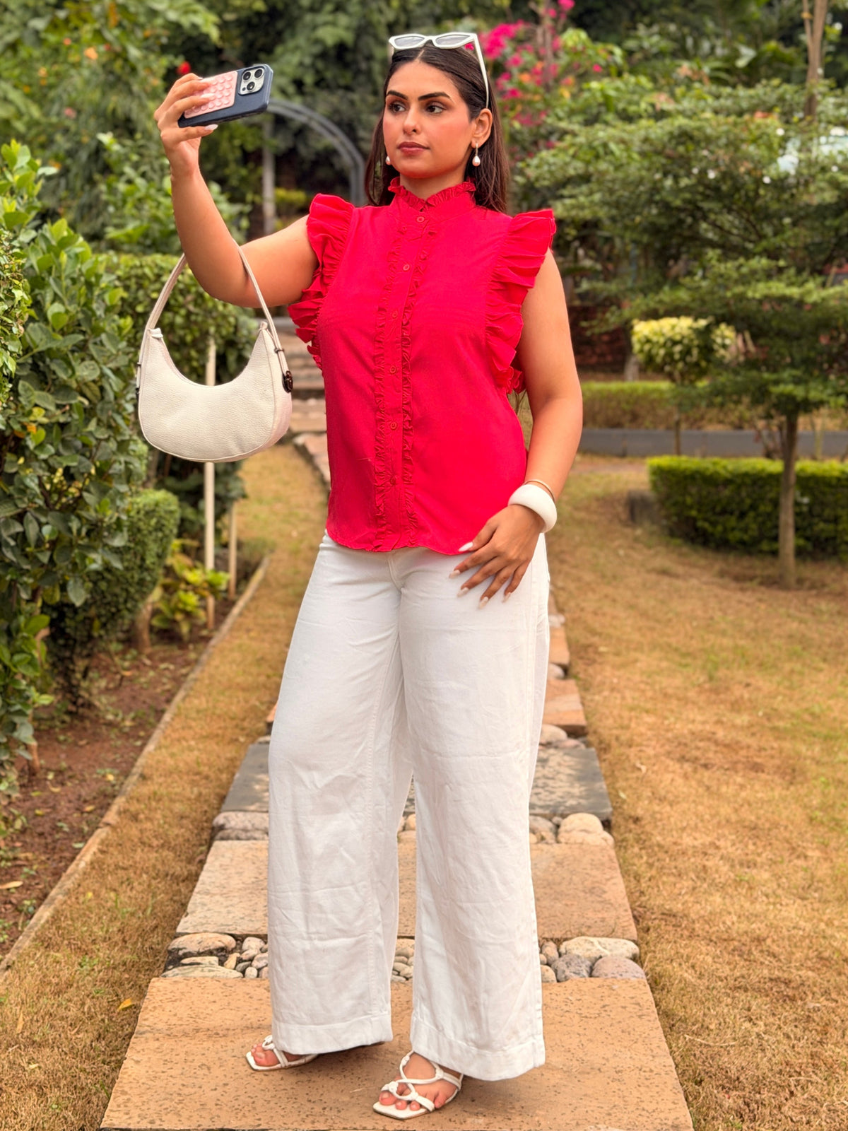 TANDUL Women Fuchsia Romantic Ruffle-Sleeve Shirt