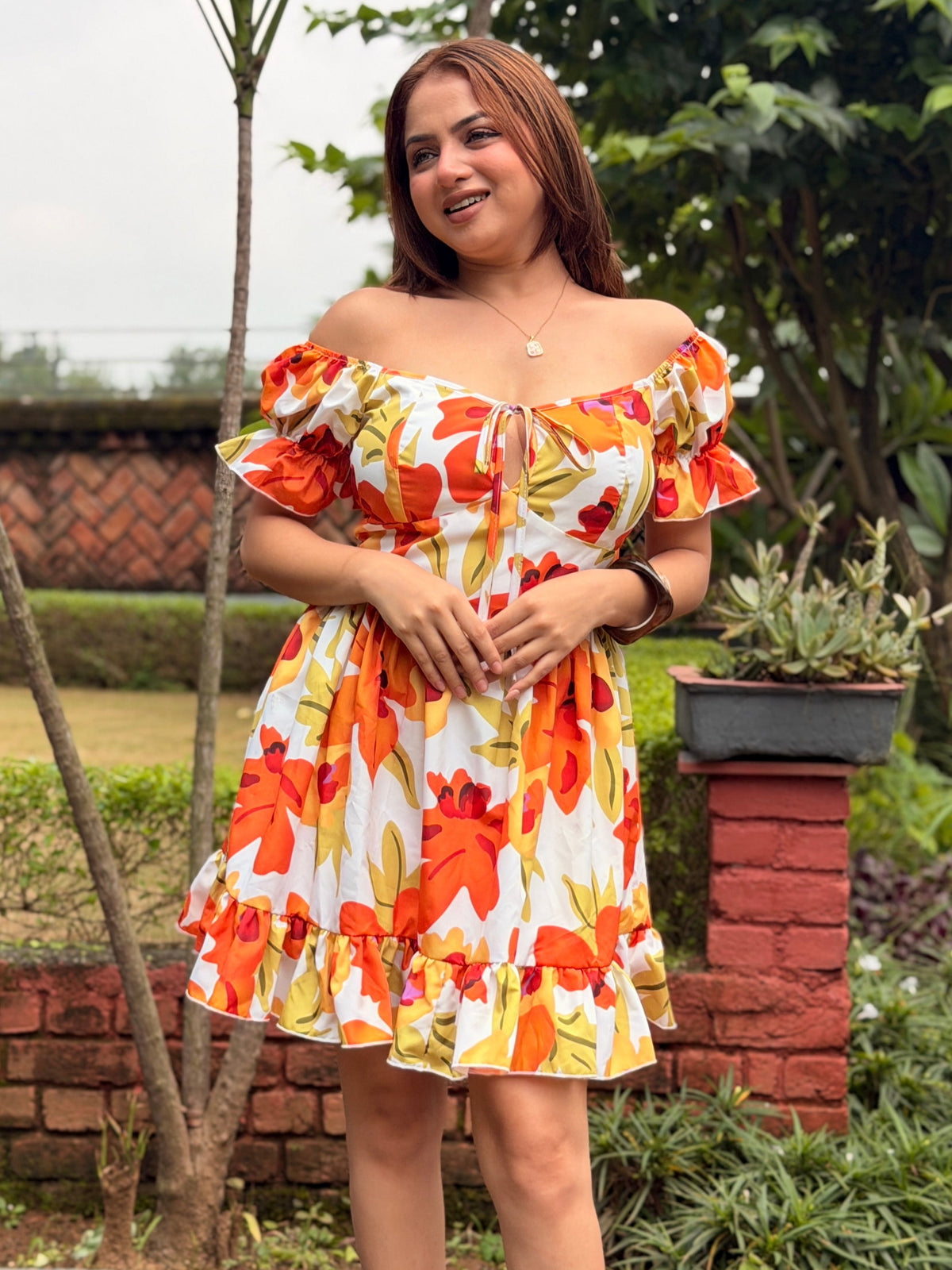 TANDUL Women's Vibrant Floral Off-the-Shoulder A-Line Mini Dress