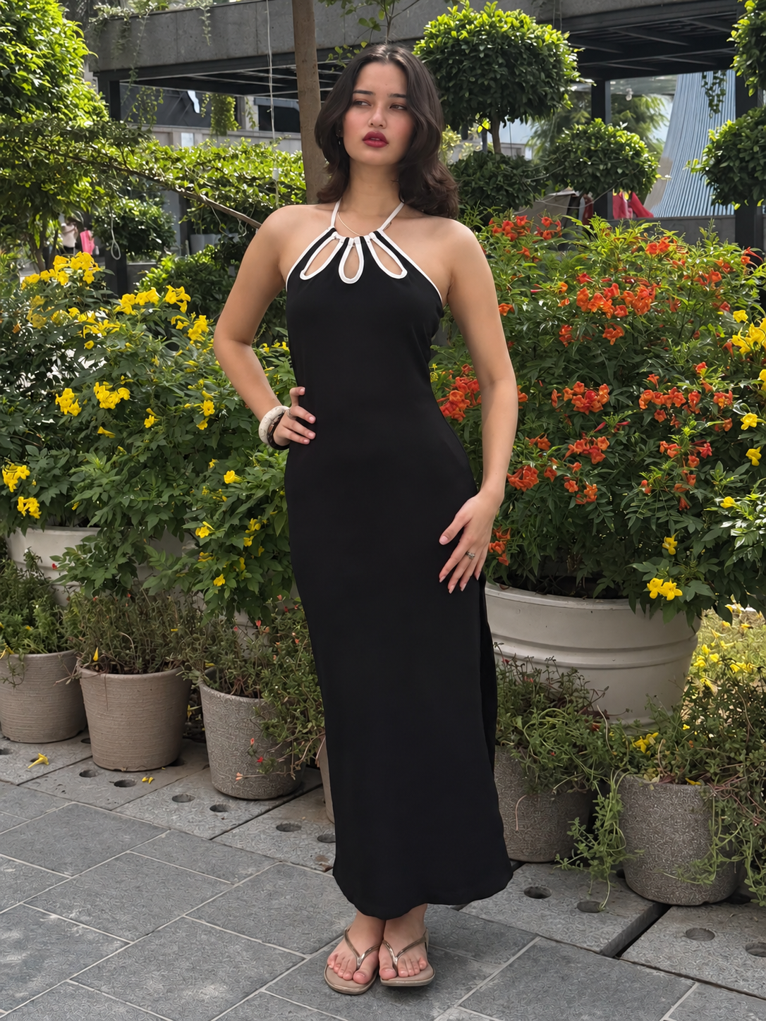 TANDUL Women Monochrome Floral Cut-Out Bodycon Dress