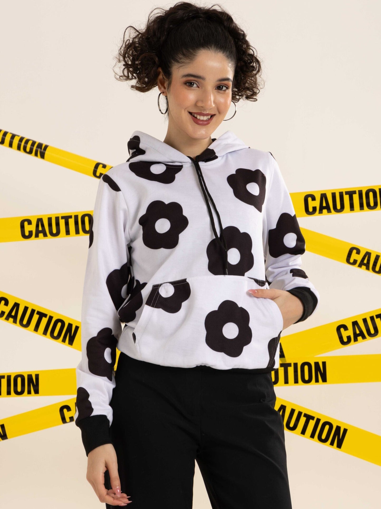 TANDUL Women Black and White Floral Hoodie