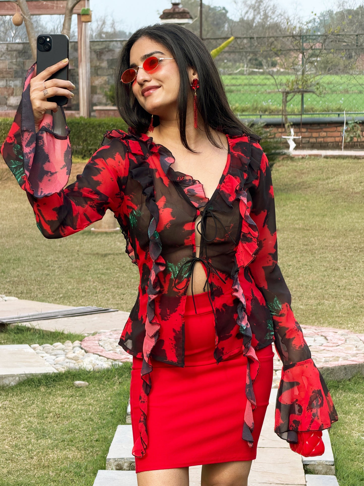 TANDUL Women Stunning Red and Black Floral Top