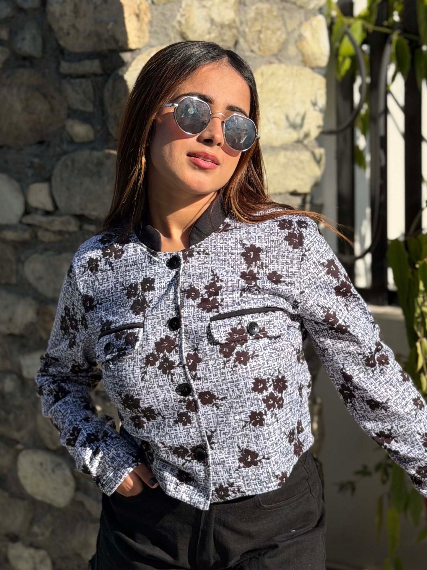 TANDUL Women Stunning Black and White Floral Print Jacket