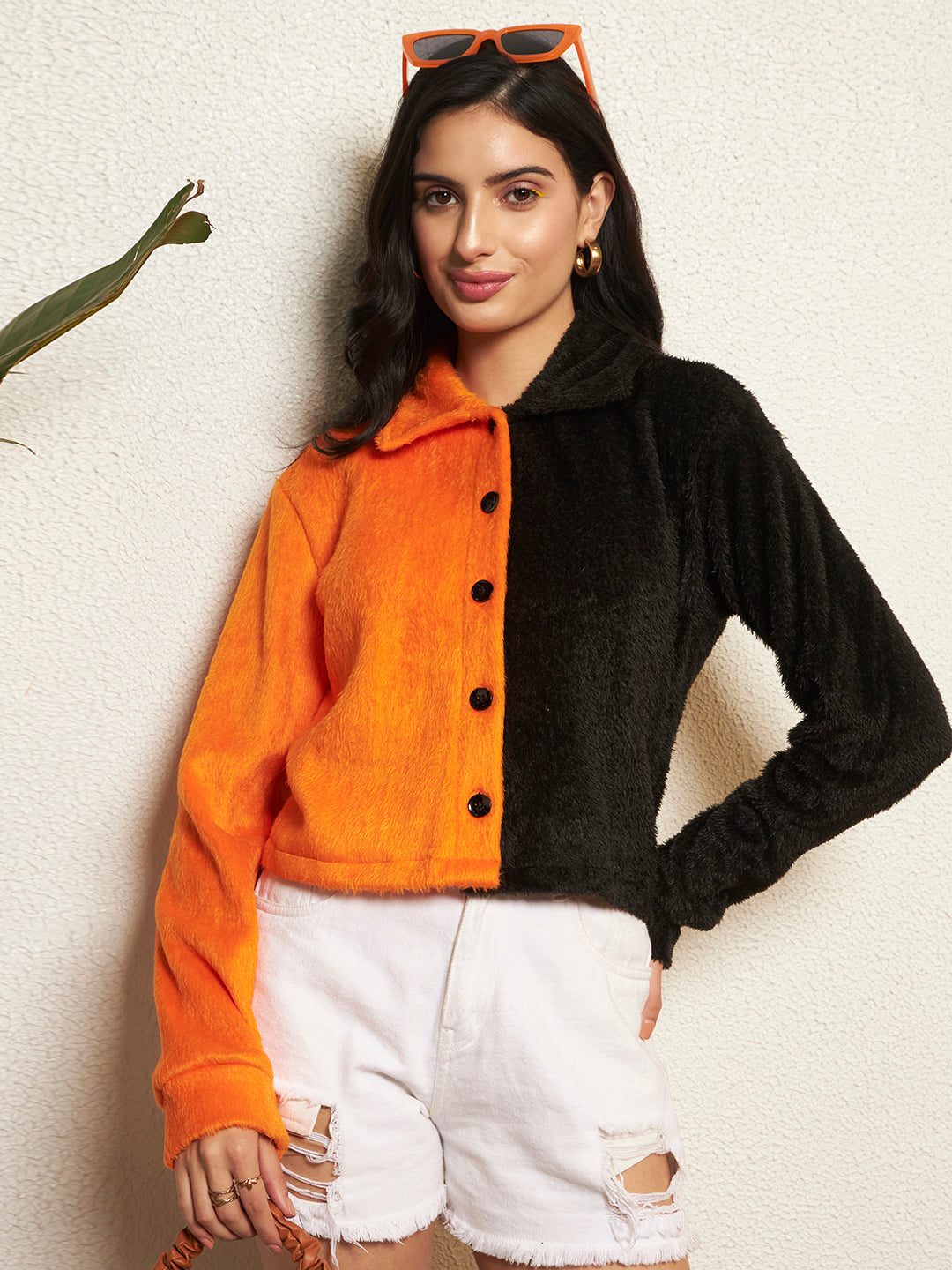 TANDUL Women Striking Orange and Black Fur Jacket