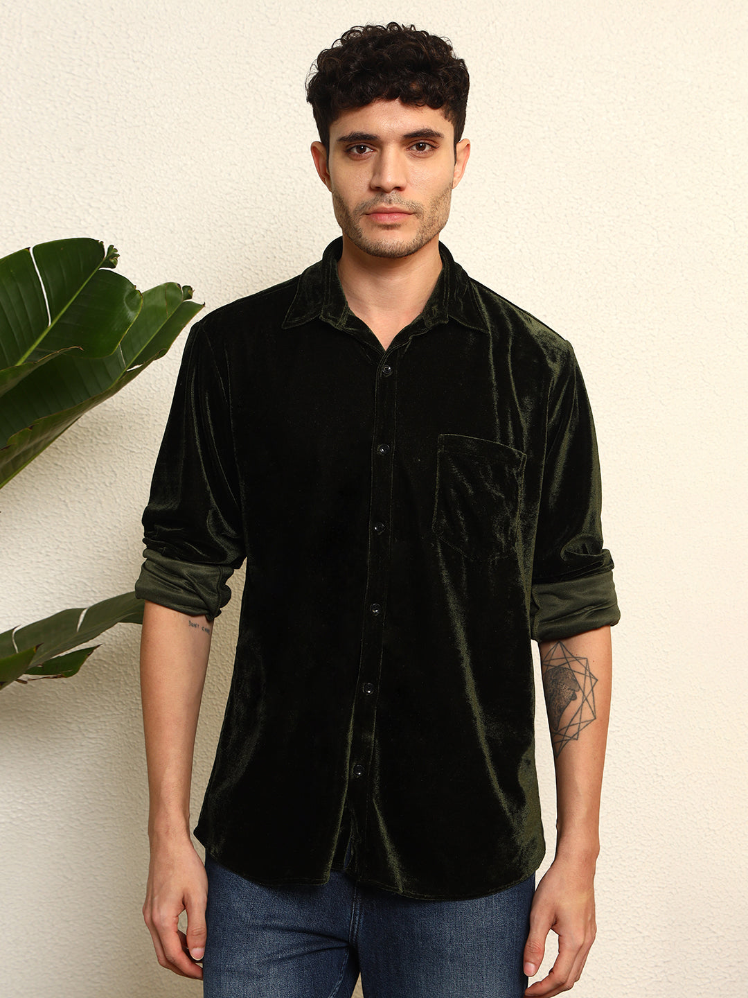 TANDUL Mens's Alluring Green Velvet Shirt