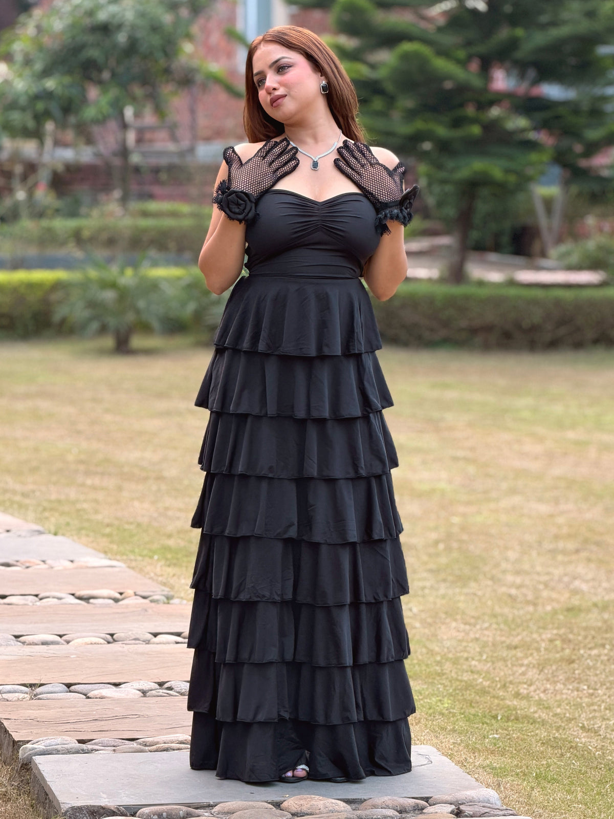 TANDUL Women's Black Tiered Ruffle Maxi Dress