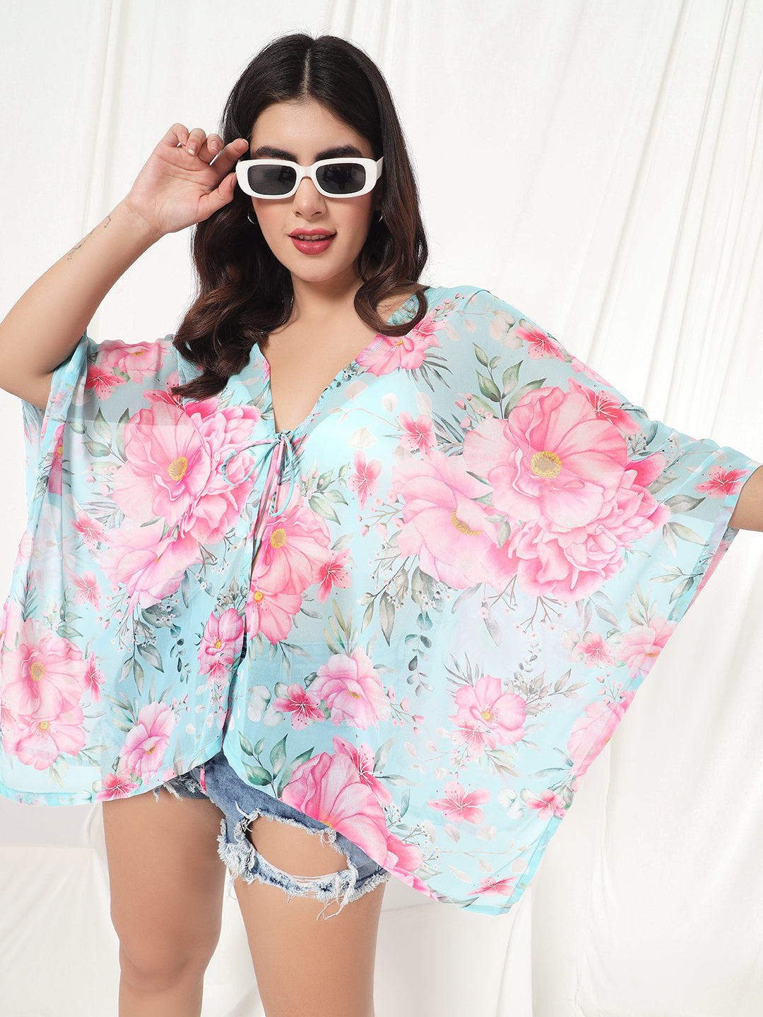 TANDUL  Women Kimono Style 3/4th Sleeve Light Blue Shrug