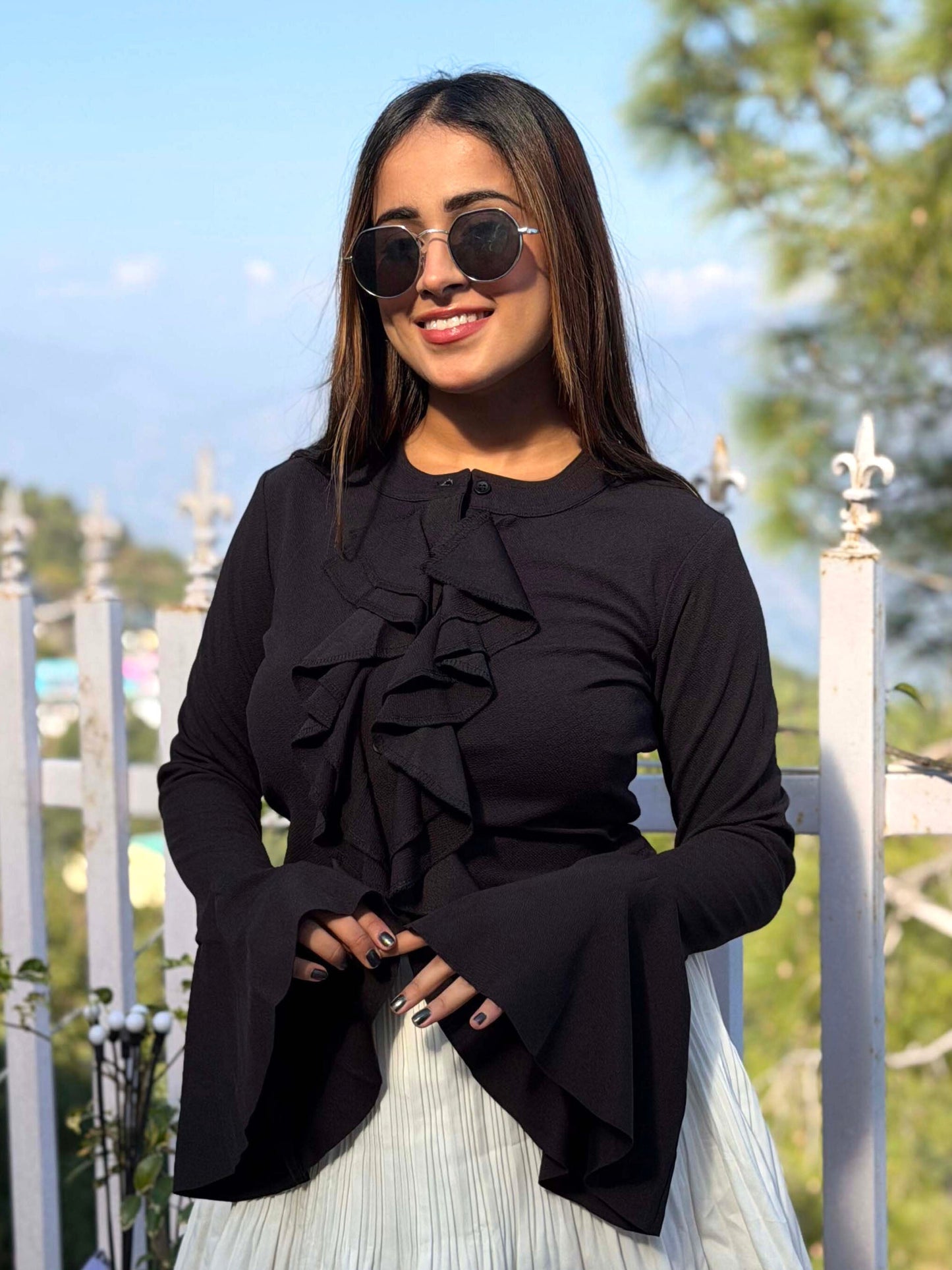 TANDUL Women Elegant Black Ruffle Top