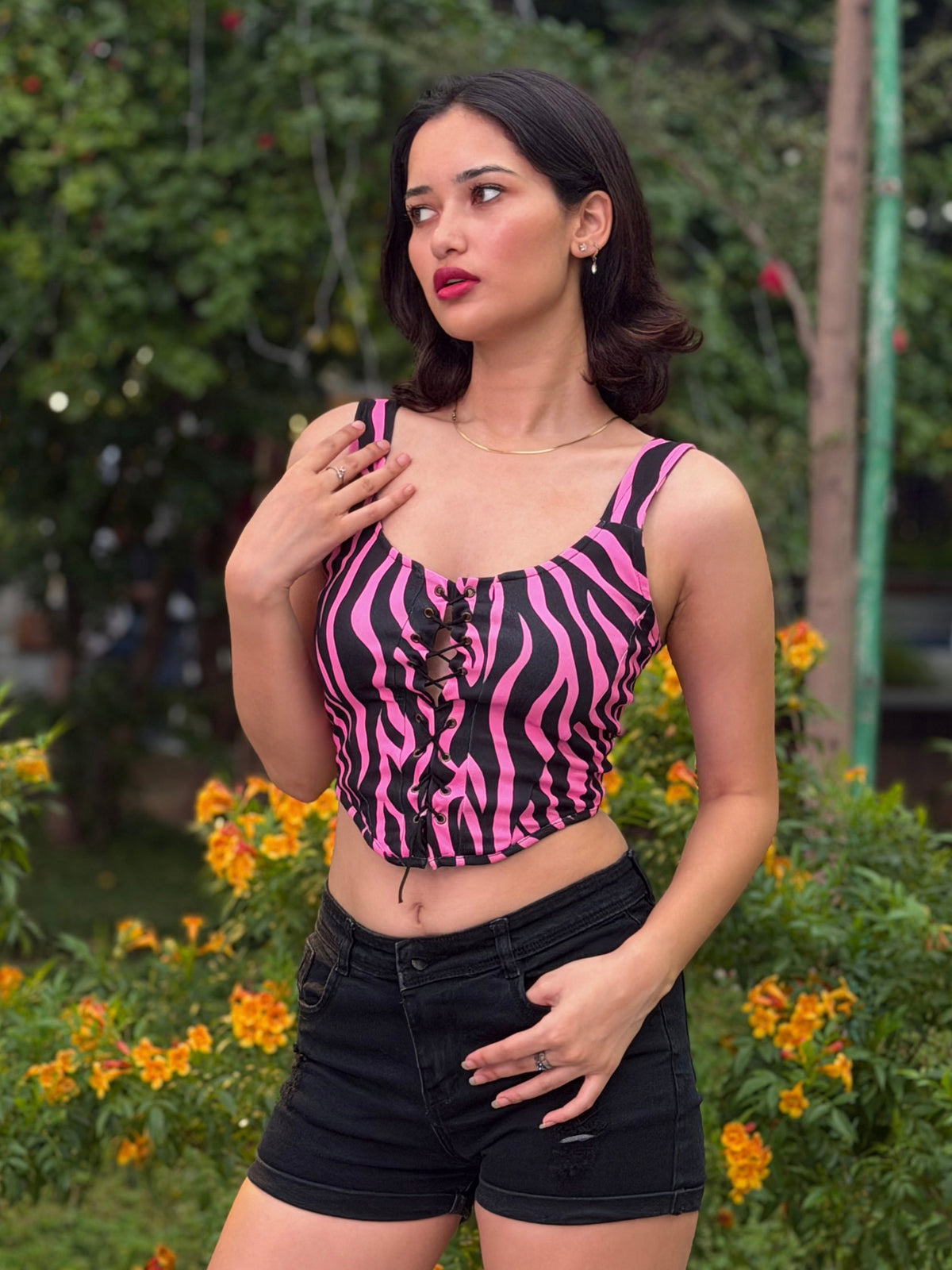TANDUL Women Pink Zebra Lace-Up Crop Top