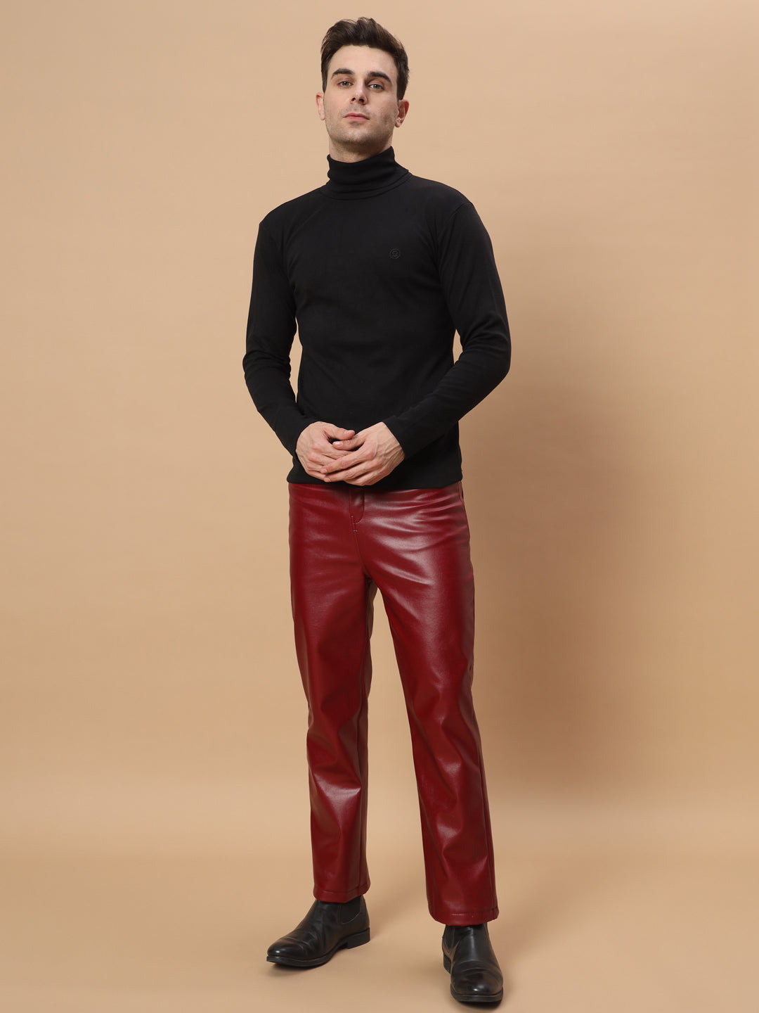 TANDUL  Men Regular Fit Maroon Faux Leather Trousers